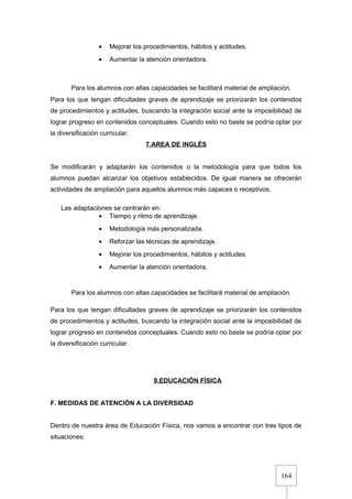 164
• Mejorar los procedimientos, hábitos y actitudes.
• Aumentar la atención orientadora.
Para los alumnos con altas capacidades se facilitará material de ampliación.
Para los que tengan dificultades graves de aprendizaje se priorizarán los contenidos
de procedimientos y actitudes, buscando la integración social ante la imposibilidad de
lograr progreso en contenidos conceptuales. Cuando esto no baste se podría optar por
la diversificación curricular.
7.AREA DE INGLÉS
Se modificarán y adaptarán los contenidos o la metodología para que todos los
alumnos puedan alcanzar los objetivos establecidos. De igual manera se ofrecerán
actividades de ampliación para aquellos alumnos más capaces o receptivos.
Las adaptaciones se centrarán en:
• Tiempo y ritmo de aprendizaje.
• Metodología más personalizada.
• Reforzar las técnicas de aprendizaje.
• Mejorar los procedimientos, hábitos y actitudes.
• Aumentar la atención orientadora.
Para los alumnos con altas capacidades se facilitará material de ampliación.
Para los que tengan dificultades graves de aprendizaje se priorizarán los contenidos
de procedimientos y actitudes, buscando la integración social ante la imposibilidad de
lograr progreso en contenidos conceptuales. Cuando esto no baste se podría optar por
la diversificación curricular.
Pág.1839.EDUCACIÓN FÍSICA
F. MEDIDAS DE ATENCIÓN A LA DIVERSIDAD
Dentro de nuestra área de Educación Física, nos vamos a encontrar con tres tipos de
situaciones:
 