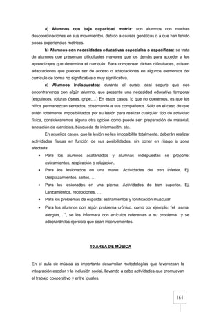 164
a) Alumnos con baja capacidad motriz: son alumnos con muchas
descoordinaciones en sus movimientos, debido a causas genéticas o a que han tenido
pocas experiencias motrices.
b) Alumnos con necesidades educativas especiales o específicas: se trata
de alumnos que presentan dificultades mayores que los demás para acceder a los
aprendizajes que determina el currículo. Para compensar dichas dificultades, existen
adaptaciones que pueden ser de acceso o adaptaciones en algunos elementos del
currículo de forma no significativa o muy significativa.
c) Alumnos indispuestos: durante el curso, casi seguro que nos
encontraremos con algún alumno, que presente una necesidad educativa temporal
(esguinces, roturas óseas, gripe,…) En estos casos, lo que no queremos, es que los
niños permanezcan sentados, observando a sus compañeros. Sólo en el caso de que
estén totalmente imposibilitados por su lesión para realizar cualquier tipo de actividad
física, consideraremos alguna otra opción como puede ser: preparación de material,
anotación de ejercicios, búsqueda de información, etc.
En aquellos casos, que la lesión no les imposibilite totalmente, deberán realizar
actividades físicas en función de sus posibilidades, sin poner en riesgo la zona
afectada:
• Para los alumnos acatarrados y alumnas indispuestas se propone:
estiramientos, respiración o relajación.
• Para los lesionados en una mano: Actividades del tren inferior. Ej.
Desplazamientos, saltos, …
• Para los lesionados en una pierna: Actividades de tren superior. Ej.
Lanzamientos, recepciones, …
• Para los problemas de espalda: estiramientos y tonificación muscular.
• Para los alumnos con algún problema crónico, como por ejemplo: “el asma,
alergias,…”, se les informará con artículos referentes a su problema y se
adaptarán los ejercicio que sean inconvenientes.
boc.cantabria.es
324/
10.AREA DE MÚSICA
En el aula de música es importante desarrollar metodologías que favorezcan la
integración escolar y la inclusión social, llevando a cabo actividades que promuevan
el trabajo cooperativo y entre iguales.
 