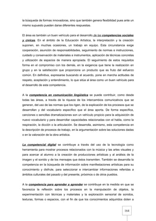 164
la búsqueda de formas innovadoras, sino que también genera flexibilidad pues ante un
mismo supuesto pueden darse diferentes respuestas.
El área es también un buen vehículo para el desarrollo de las competencias sociales
y cívicas. En el ámbito de la Educación Artística, la interpretación y la creación
suponen, en muchas ocasiones, un trabajo en equipo. Esta circunstancia exige
cooperación, asunción de responsabilidades, seguimiento de normas e instrucciones,
cuidado y conservación de materiales e instrumentos, aplicación de técnicas concretas
y utilización de espacios de manera apropiada. El seguimiento de estos requisitos
forma en el compromiso con los demás, en la exigencia que tiene la realización en
grupo y en la satisfacción que proporciona un producto que es fruto del esfuerzo
común. En definitiva, expresarse buscando el acuerdo, pone en marcha actitudes de
respeto, aceptación y entendimiento, lo que sitúa al área como un buen vehículo para
el desarrollo de esta competencia.
A la competencia en comunicación lingüística se puede contribuir, como desde
todas las áreas, a través de la riqueza de los intercambios comunicativos que se
generan, del uso de las normas que los rigen, de la explicación de los procesos que se
desarrollan y del vocabulario específico que el área aporta. De forma específica,
canciones o sencillas dramatizaciones son un vehículo propicio para la adquisición de
nuevo vocabulario y para desarrollar capacidades relacionadas con el habla, como la
respiración, la dicción o la articulación. Se desarrolla, asimismo, esta competencia en
la descripción de procesos de trabajo, en la argumentación sobre las soluciones dadas
o en la valoración de la obra artística.
La competencial digital se contribuye a través del uso de la tecnología como
herramienta para mostrar procesos relacionados con la música y las artes visuales y
para acercar al alumno a la creación de producciones artísticas y al análisis de la
imagen y el sonido y de los mensajes que éstos transmiten. También se desarrolla la
competencia en la búsqueda de información sobre manifestaciones artísticas para su
conocimiento y disfrute, para seleccionar e intercambiar informaciones referidas a
ámbitos culturales del pasado y del presente, próximos o de otros pueblos.
A la competencia para aprender a aprender se contribuye en la medida en que se
favorezca la reflexión sobre los procesos en la manipulación de objetos, la
experimentación con técnicas y materiales y la exploración sensorial de sonidos,
texturas, formas o espacios, con el fin de que los conocimientos adquiridos doten a
 