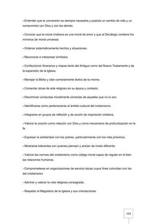 164
- Entender que la conversión es siempre necesaria y postula un cambio de vida y un
compromiso con Dios y con los demás.
- Conocer que la moral cristiana es una moral de amor y que el Decálogo contiene los
mínimos de moral universal.
- Ordenar sistemáticamente hechos y situaciones.
- Reconocer e interpretar símbolos.
- Confeccionar itinerarios y mapas tanto del Antiguo como del Nuevo Testamento y de
la expansión de la Iglesia.
- Manejar la Biblia y citar correctamente textos de la misma.
- Comentar obras de arte religioso en su época y contexto.
- Discriminar conductas moralmente correctas de aquellas que no lo son.
- Identificarse como perteneciente al ámbito cultural del cristianismo.
- Integrarse en grupos de reflexión y de acción de inspiración cristiana.
- Valorar la oración como relación con Dios y como mecanismo de profundización en la
fe.
- Expresar la solidaridad con los pobres, particularmente con los más próximos.
- Mostrarse tolerantes con quienes piensan y actúan de modo diferente.
- Valorar las normas del cristianismo como código moral capaz de regular en el bien
las relaciones humanas.
- Comprometerse en organizaciones de servicio laicas cuyos fines coincidan con los
del cristianismo.
- Admirar y valorar la vida religiosa consagrada.
- Respetar el Magisterio de la Iglesia y sus orientaciones.
 