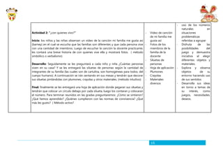 16
Actividad 2: “¿con quienes vivo?”
Inicio: los niños y las niñas observan un video de la canción mi familia me gusta así
(barney) en el cual se escucha que las familias son diferentes y que cada persona vive
con una cantidad de miembros. Luego de escuchar la canción la docente practicante,
les contará una breve historia de con quienes vive ella y mostrará fotos. ( método
simbólico o verbalismo)
Desarrollo: Seguidamente se les preguntará a cada niño y niña ¿Cuántas personas
viven en su casa? Y se les entregará las siluetas de personas según la cantidad de
integrantes de su familia (las cuales son de cartulina, son homogéneas para todos, del
cuerpo humano). A continuación se irán sentando en sus mesas y tendrán que decorar
sus siluetas pintándolas con plumones, crayolas y otros materiales. (método intuitivo)
Final: finalmente se les entregará una hoja de aplicación donde pegaran sus siluetas y
tendrán que colocar un circulo debajo por cada silueta, luego los contaran y colocaran
el número. Para terminar reunidos en las gradas preguntaremos: ¿Cómo se sintieron?
¿Qué hemos aprendido? ¿Quiénes cumplieron con las normas de convivencia? ¿Qué
más les gusto? ( Método activo?
- Video de canción
de mi familia me
gusta así
- Fotos de los
miembros de la
familia de la
docente
- Siluetas de
personas
- Hoja de aplicación
- Plumones
- Crayolas
- Materiales
diversos
- uso de los números
naturales en
situaciones
problemáticas
referidas a agrupar
- Disfruta de las
posibilidades del
juego y demuestra
iniciativa al elegir
diferentes objetos y
materiales.
- Explora y observa
objetos de su
entorno haciendo uso
de sus sentidos
- Desarrolla sus ideas
en torno a temas de
su interés, como
juegos, necesidades,
deseos.
 