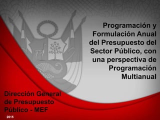 Dirección General
de Presupuesto
Público - MEF
Programación y
Formulación Anual
del Presupuesto del
Sector Público, con
una perspectiva de
Programación
Multianual
2015
 