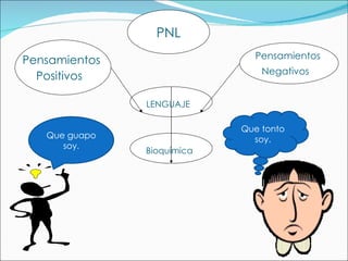 Que guapo soy. Que tonto soy. PNL LENGUAJE  Pensamientos  Positivos   Pensamientos  Negativos   Bioquímica   