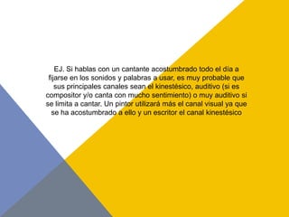 EJ. Si hablas con un cantante acostumbrado todo el día a
 fijarse en los sonidos y palabras a usar, es muy probable que
    sus principales canales sean el kinestésico, auditivo (si es
compositor y/o canta con mucho sentimiento) o muy auditivo si
se limita a cantar. Un pintor utilizará más el canal visual ya que
  se ha acostumbrado a ello y un escritor el canal kinestésico
 