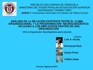 ANÁLISIS DE LA RELACIÓN EXISTENTE ENTRE EL CLIMA
ORGANIZACIONAL Y LA PROGRAMACIÓN NEUROLINGÜÍSTICA
APLICADA A LOS EMPLEADOS DENTRO DE UNA
ORGANIZACIÓN
(Para tu Organización, Neurolingüística aporta solución)
Autores:
Caracas, Agosto de 2013
REPUBLICA BOLIVARIANA DE VENEZUELA
MINISTERIO DEL PODER POPULAR DE EDUCACIÓN SUPERIOR
UNIVERSIDAD “FERMIN TORO”
UNIDAD V. Herramientas Gerenciales en la Gestión del Talento Humano
Luis A. Acuña
Emmanuel Ruiz
Carlos Picón
Yelitza Jaspe
 