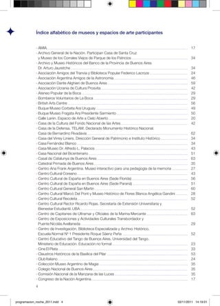 Índice alfabético de museos y espacios de arte participantes


             › AMIA                                                                                         17
             › Archivo General de la Nación. Participan Casa de Santa Cruz
               y Museo de los Corrales Viejos de Parque de los Patricios                                    34
             › Archivo y Museo Históricos del Banco de la Provincia de Buenos Aires
               Dr. Arturo Jauretche                                                                         34
             › Asociación Amigos del Tranvía y Biblioteca Popular Federico Lacroze                          24
             › Asociación Argentina Amigos de la Astronomía                                                 46
             › Asociación Dante Alighieri de Buenos Aires                                                   59
             › Asociación Ucrania de Cultura Prosvita                                                       42
             › Ateneo Popular de la Boca                                                                    29
             › Bomberos Voluntarios de La Boca                                                              29
             › British Arts Centre                                                                          56
             › Buque Museo Corbeta Ara Uruguay                                                              49
             › Buque Museo Fragata Ara Presidente Sarmiento                                                 50
             › Calle Lanin. Espacio de Arte a Cielo Abierto                                                 20
             › Casa de la Cultura del Fondo Nacional de las Artes                                           42
             › Casa de la Defensa. TELAM. Declarado Monumento Histórico Nacional.
               Casa de Bernardino Rivadavia                                                                 62
             › Casa del Virrey Liniers. Dirección General de Patrimonio e Instituto Histórico               34
             › Casa Fernández Blanco                                                                        34
             › Casa Museo Dr. Alfredo L. Palacios                                                           43
             › Casa Nacional del Bicentenario                                                               51
             › Casal de Catalunya de Buenos Aires                                                           63
             › Catedral Primada de Buenos Aires                                                             35
             › Centro Ana Frank Argentina. Museo interactivo para una pedagogía de la memoria               27
             › Centro Cultural Coreano                                                                      43
             › Centro Cultural de España en Buenos Aires (Sede Florida)                                     56
             › Centro Cultural de España en Buenos Aires (Sede Paraná)                                      51
             › Centro Cultural General San Martín                                                           60
             › Centro Cultural Marcó Del Pont y Museo Histórico de Flores Blanca Angélica Gandini           28
             › Centro Cultural Recoleta                                                                     52
             › Centro Cultural Rector Ricardo Rojas. Secretaría de Extensión Universitaria y
               Bienestar Estudiantil. UBA                                                                   52
             › Centro de Capitanes de Ultramar y Oficiales de la Marina Mercante                            63
             › Centro de Exposiciones y Actividades Culturales Transbordador y
               Puente Nicolás Avellaneda                                                                    29
             › Centro de Investigación, Biblioteca Especializada y Archivo Histórico,
               Escuela Normal Nº 1 Presidente Roque Sáenz Peña                                              52
             › Centro Educativo del Tango de Buenos Aires. Universidad del Tango.
               Ministerio de Educación. Educación no formal                                                 23
             › Cine El Plata                                                                                33
             › Claustros Históricos de la Basílica del Pilar                                                53
             › Club Italiano                                                                                24
             › Colección Museo Argentino de Magia                                                           35
             › Colegio Nacional de Buenos Aires                                                             35
             › Comisión Nacional de la Manzana de las Luces                                                 35
             › Congreso de la Nación Argentina                                                              17
             4



programacion_noche_2011.indd 4                                                                      02/11/2011 14:19:01
 