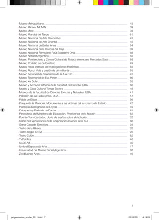 › Museo Metropolitano                                                        45
     › Museo Minero. MUMIN                                                        39
     › Museo Mitre                                                                39
     › Museo Mundial del Tango                                                    61
     › Museo Nacional de Arte Decorativo                                          45
     › Museo Nacional de Arte Oriental                                            45
     › Museo Nacional de Bellas Artes                                             54
     › Museo Nacional de la Historia del Traje                                    39
     › Museo Nacional Ferroviario Raúl Scalabrini Ortíz                           58
     › Museo Notarial Argentino                                                   55
     › Museo Penitenciario y Centro Cultural de Música Americana Mercedes Sosa    65
     › Museo Porteño Lo de Gustavo                                                49
     › Museo Roca Instituto de Investigaciones Históricas                         55
     › Museo Rucci. Vida y pasión de un militante                                 65
     › Museo Sensorial de Taxidermia de la A.A.C.C                                45
     › Museo Testimonial de Eva Perón                                             66
     › Museo Xul Solar                                                            55
     › Museo y Archivo Histórico de la Facultad de Derecho. UBA                   56
     › Museo y Casa Cultural Tomás Espora                                         48
     › Museos de la Facultad de Ciencias Exactas y Naturales. UBA                 41
     › Pabellón de las Bellas Artes. UCA                                          51
     › Palais de Glace                                                            56
     › Parque de la Memoria. Monumento a las víctimas del terrorismo de Estado    42
     › Parroquia San Ignacio de Loyola                                            40
     › Peluquería y Barbería La Época                                             25
     › Pinacoteca del Ministerio de Educación. Presidencia de la Nación           62
     › Puente Transbordador. Lluvia de arañas sobre el riachuelo                  32
     › Salón de Exposiciones de la Corporación Buenos Aires Sur                   66
     › Santa Casa de Ejercicios                                                   28
     › Teatro de la Ribera                                                        32
     › Teatro Regio. CTBA                                                         26
     › Teatro Colón                                                               62
     › Tv Pública                                                                 46
     › UADE Art                                                                   40
     › Umbral Espacio de Arte                                                     17
     › Universidad del Museo Social Argentino                                     62
     › Zoo Buenos Aires                                                           46




                                                                                   7



programacion_noche_2011.indd 7                                                   02/11/2011 14:19:01
 