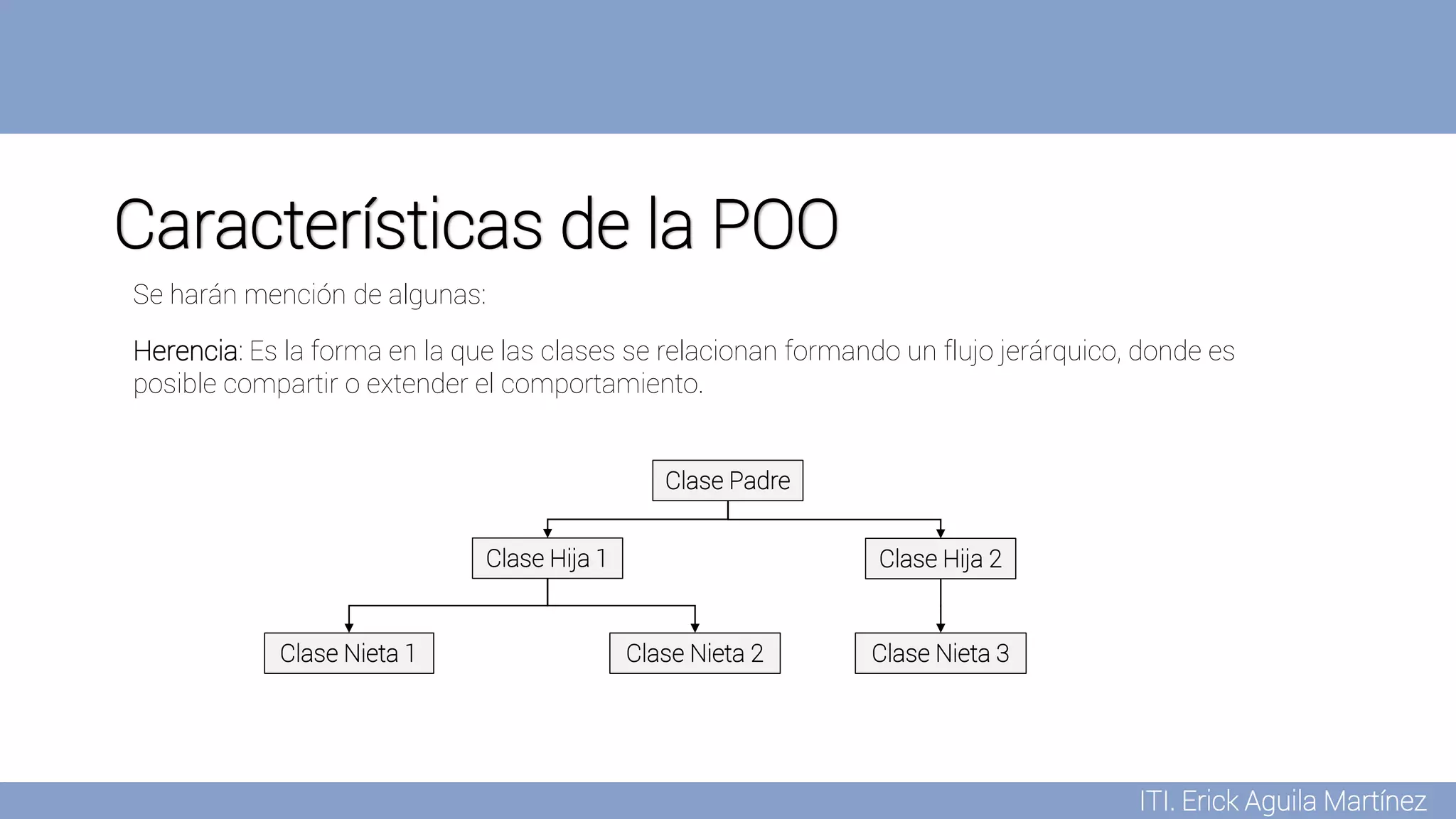 ITI. Erick Aguila Martínez
Características de la POO
Herencia: Es la forma en la que las clases se relacionan formando un flujo jerárquico, donde es
posible compartir o extender el comportamiento.
Se harán mención de algunas:
Clase Padre
Clase Hija 1 Clase Hija 2
Clase Nieta 1 Clase Nieta 2 Clase Nieta 3
 