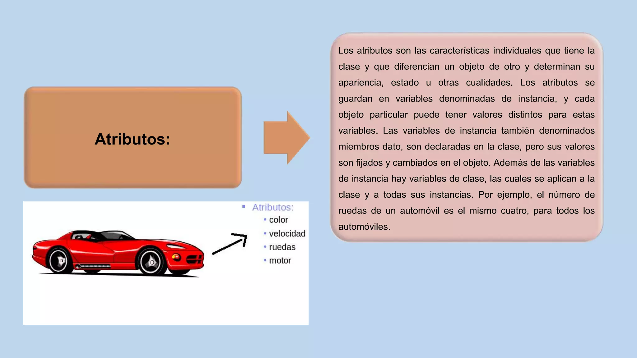 Atributos:
Los atributos son las características individuales que tiene la
clase y que diferencian un objeto de otro y determinan su
apariencia, estado u otras cualidades. Los atributos se
guardan en variables denominadas de instancia, y cada
objeto particular puede tener valores distintos para estas
variables. Las variables de instancia también denominados
miembros dato, son declaradas en la clase, pero sus valores
son fijados y cambiados en el objeto. Además de las variables
de instancia hay variables de clase, las cuales se aplican a la
clase y a todas sus instancias. Por ejemplo, el número de
ruedas de un automóvil es el mismo cuatro, para todos los
automóviles.
 