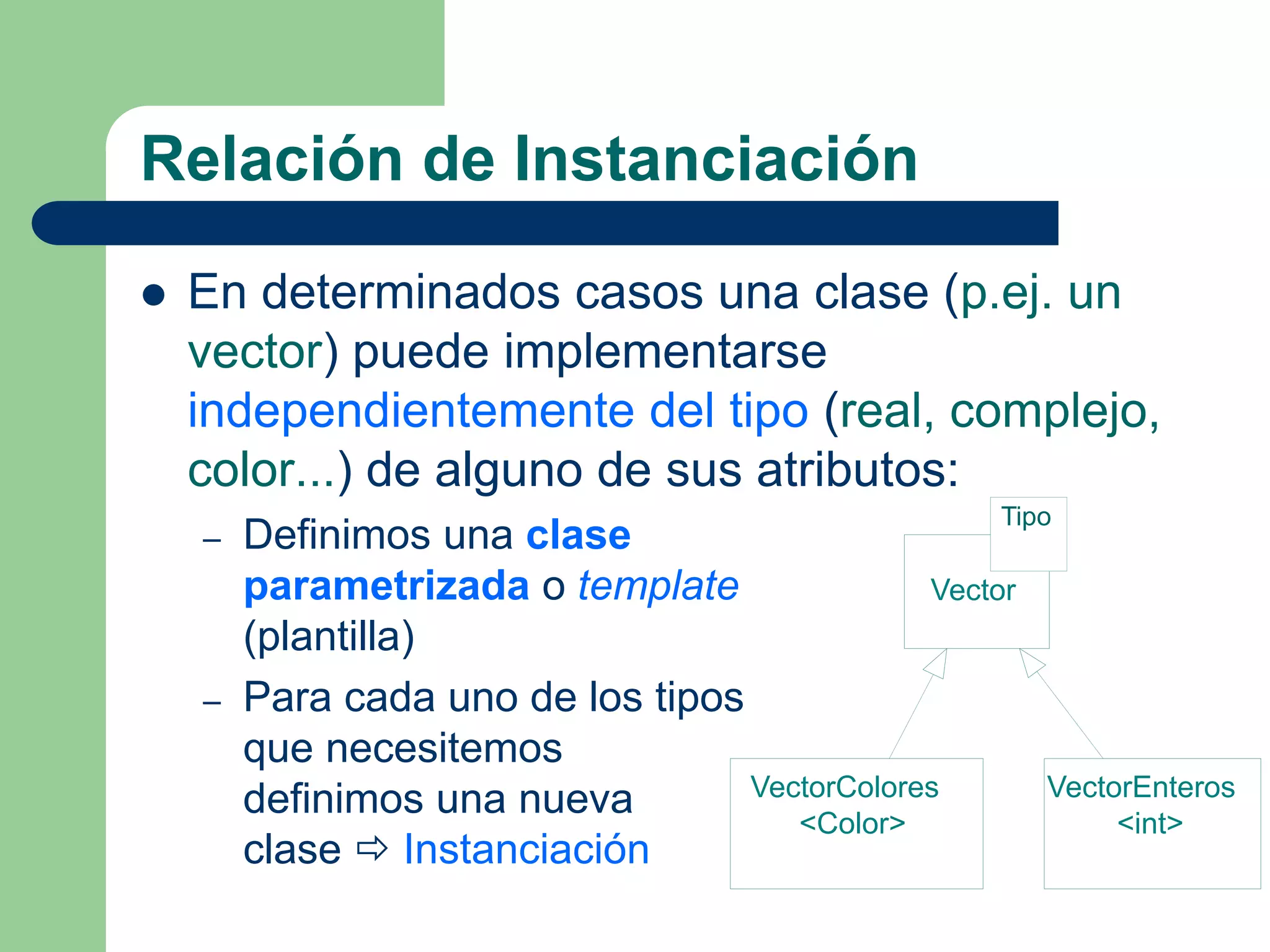 Relación de Instanciación
 En determinados casos una clase (p.ej. un
vector) puede implementarse
independientemente del tipo (real, complejo,
color...) de alguno de sus atributos:
– Definimos una clase
parametrizada o template
(plantilla)
– Para cada uno de los tipos
que necesitemos
definimos una nueva
clase  Instanciación
Tipo
Vector
VectorEnteros
<int>
VectorColores
<Color>
 
