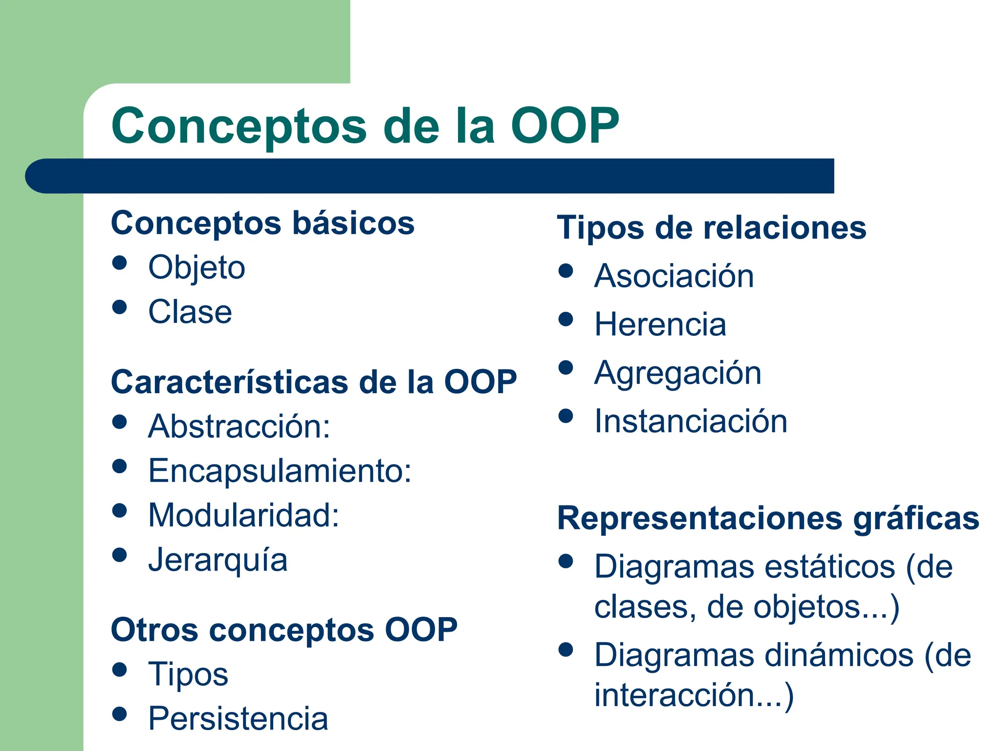 Conceptos de la OOP
Conceptos básicos
 Objeto
 Clase
Características de la OOP
 Abstracción:
 Encapsulamiento:
 Modularidad:
 Jerarquía
Otros conceptos OOP
 Tipos
 Persistencia
Tipos de relaciones
 Asociación
 Herencia
 Agregación
 Instanciación
Representaciones gráficas
 Diagramas estáticos (de
clases, de objetos...)
 Diagramas dinámicos (de
interacción...)
 