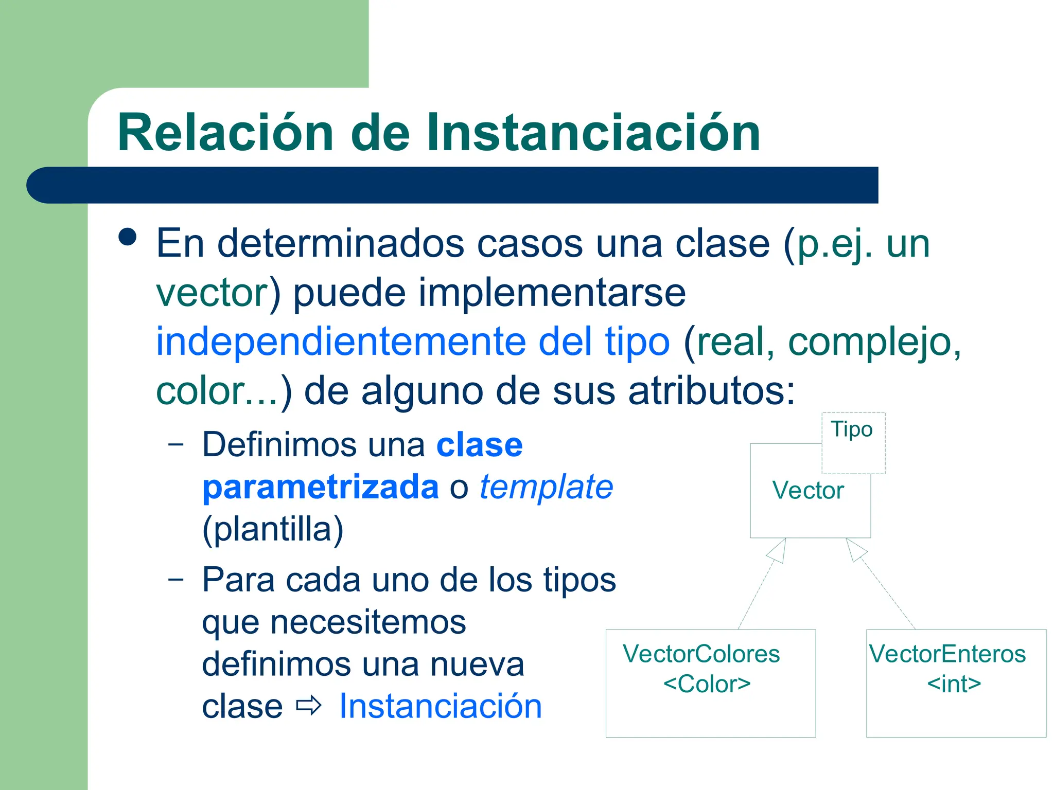 Relación de Instanciación
 En determinados casos una clase (p.ej. un
vector) puede implementarse
independientemente del tipo (real, complejo,
color...) de alguno de sus atributos:
– Definimos una clase
parametrizada o template
(plantilla)
– Para cada uno de los tipos
que necesitemos
definimos una nueva
clase  Instanciación
Tipo
Vector
VectorEnteros
<int>
VectorColores
<Color>
 