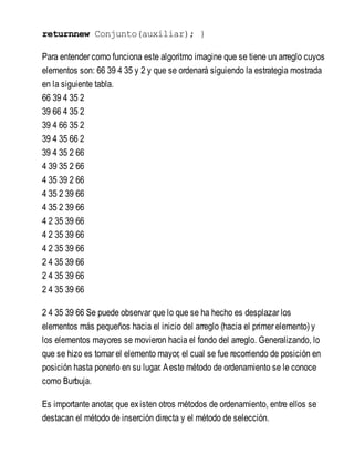 returnnew Conjunto(auxiliar); }
Para entender como funciona este algoritmo imagine que se tiene un arreglo cuyos
elementos son: 66 39 4 35 y 2 y que se ordenará siguiendo la estrategia mostrada
en la siguiente tabla.
66 39 4 35 2
39 66 4 35 2
39 4 66 35 2
39 4 35 66 2
39 4 35 2 66
4 39 35 2 66
4 35 39 2 66
4 35 2 39 66
4 35 2 39 66
4 2 35 39 66
4 2 35 39 66
4 2 35 39 66
2 4 35 39 66
2 4 35 39 66
2 4 35 39 66
2 4 35 39 66 Se puede observar que lo que se ha hecho es desplazar los
elementos más pequeños hacia el inicio del arreglo (hacia el primer elemento) y
los elementos mayores se movieron hacia el fondo del arreglo. Generalizando, lo
que se hizo es tomar el elemento mayor, el cual se fue recorriendo de posición en
posición hasta ponerlo en su lugar. Aeste método de ordenamiento se le conoce
como Burbuja.
Es importante anotar, que existen otros métodos de ordenamiento, entre ellos se
destacan el método de inserción directa y el método de selección.
 