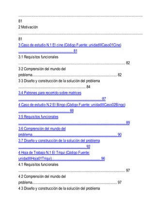 .......................................................................................................................................
81
2 Motivación
.......................................................................................................................................
81
3 Caso de estudio N.1 El cine (Código Fuente: unidadIIICaso01Cine)
........................................................... 81
3.1 Requisitos funcionales
.................................................................................................................... 82
3 2 Comprensión del mundo del
problema............................................................................................ 82
3 3 Diseño y construcción de la solución del problema
......................................................................... 84
3.4 Patrones para recorrido sobre matrices
.......................................................................................... 87
4 Caso de estudio N.2 El Bingo (Código Fuente: unidadIIICaso02Bingo)
....................................................... 88
3 5 Requisitos funcionales
.................................................................................................................... 89
3.6 Comprensión del mundo del
problema............................................................................................ 90
3.7 Diseño y construcción de la solución del problema
......................................................................... 92
4 Hoja de Trabajo N.1 El Triqui (Código Fuente:
unidadIIIHoja01Triqui)..................................................... 96
4.1 Requisitos funcionales
.................................................................................................................... 97
4 2 Comprensión del mundo del
problema............................................................................................ 97
4 3 Diseño y construcción de la solución del problema
 