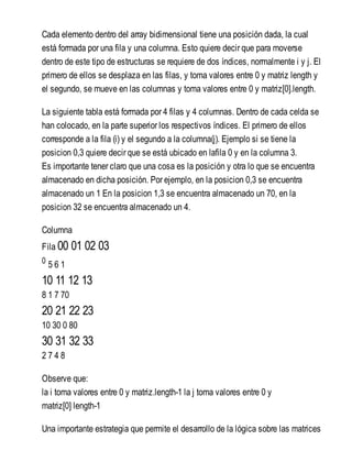 Cada elemento dentro del array bidimensional tiene una posición dada, la cual
está formada por una fila y una columna. Esto quiere decir que para moverse
dentro de este tipo de estructuras se requiere de dos índices, normalmente i y j. El
primero de ellos se desplaza en las filas, y toma valores entre 0 y matriz length y
el segundo, se mueve en las columnas y toma valores entre 0 y matriz[0].length.
La siguiente tabla está formada por 4 filas y 4 columnas. Dentro de cada celda se
han colocado, en la parte superior los respectivos índices. El primero de ellos
corresponde a la fila (i) y el segundo a la columna(j). Ejemplo si se tiene la
posicion 0,3 quiere decir que se está ubicado en lafila 0 y en la columna 3.
Es importante tener claro que una cosa es la posición y otra lo que se encuentra
almacenado en dicha posición. Por ejemplo, en la posicion 0,3 se encuentra
almacenado un 1 En la posicion 1,3 se encuentra almacenado un 70, en la
posicion 32 se encuentra almacenado un 4.
Columna
Fila 00 01 02 03
0 5 6 1
10 11 12 13
8 1 7 70
20 21 22 23
10 30 0 80
30 31 32 33
2 7 4 8
Observe que:
la i toma valores entre 0 y matriz.length-1 la j toma valores entre 0 y
matriz[0] length-1
Una importante estrategia que permite el desarrollo de la lógica sobre las matrices
 