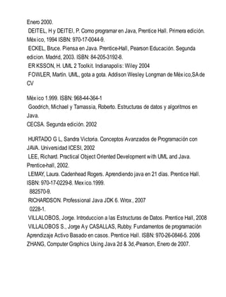 Enero 2000.
DEITEL, H y DEITEl, P. Como programar en Java, Prentice Hall. Primera edición.
México, 1994 ISBN: 970-17-0044-9.
ECKEL, Bruce. Piensa en Java. Prentice-Hall, Pearson Educación. Segunda
edicion. Madrid, 2003. ISBN: 84-205-3192-8.
ER KSSON, H. UML 2 Toolkit. Indianapolis: Wiley 2004
FOWLER, Martín. UML, gota a gota. Addison Wesley Longman de México,SAde
CV
México 1.999. ISBN: 968-44-364-1
Goodrich, Michael y Tamassia, Roberto. Estructuras de datos y algoritmos en
Java.
CECSA. Segunda edición. 2002
HURTADO G L, Sandra Victoria. Conceptos Avanzados de Programación con
JAVA. Universidad ICESI, 2002
LEE, Richard. Practical Object Oriented Development with UML and Java.
Prentice-hall, 2002.
LEMAY, Laura. Cadenhead Rogers. Aprendiendo java en 21 días. Prentice Hall.
ISBN: 970-17-0229-8. Mexico.1999.
882570-9.
RICHARDSON. Professional Java JDK 6. Wrox, 2007
0228-1.
VILLALOBOS, Jorge. Introduccion a las Estructuras de Datos. Prentice Hall, 2008
VILLALOBOS S., Jorge Ay CASALLAS, Rubby. Fundamentos de programación
Aprendizaje Activo Basado en casos. Prentice Hall. ISBN: 970-26-0846-5. 2006
ZHANG, Computer Graphics Using Java 2d & 3d,-Pearson, Enero de 2007.
 