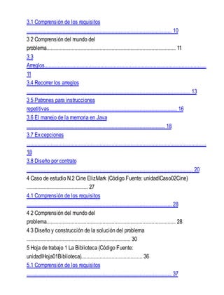 3.1 Comprensión de los requisitos
............................................................................................................. 10
3 2 Comprensión del mundo del
problema................................................................................................. 11
3 3
Arreglos..........................................................................................................................
11
3.4 Recorrer los arreglos
........................................................................................................................... 13
3 5 Patrones para instrucciones
repetitivas................................................................................................ 16
3.6 El manejo de la memoria en Java
........................................................................................................ 18
3.7 Excepciones
.......................................................................................................................................
18
3.8 Diseño por contrato
............................................................................................................................. 20
4 Caso de estudio N.2 Cine ElizMark (Código Fuente: unidadICaso02Cine)
.............................................. 27
4.1 Comprensión de los requisitos
............................................................................................................. 28
4 2 Comprensión del mundo del
problema................................................................................................. 28
4 3 Diseño y construcción de la solución del problema
.............................................................................. 30
5 Hoja de trabajo 1 La Biblioteca (Código Fuente:
unidadIHoja01Biblioteca).............................................. 36
5.1 Comprensión de los requisitos
............................................................................................................. 37
 