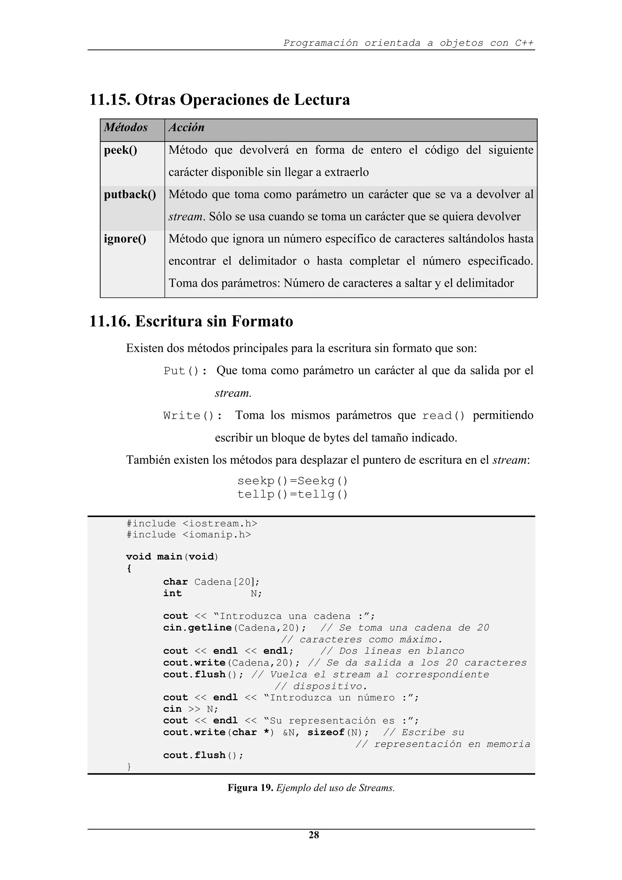 Programación orientada a objetos con C++
28
11.15. Otras Operaciones de Lectura
Métodos Acción
peek() Método que devolverá en forma de entero el código del siguiente
carácter disponible sin llegar a extraerlo
putback() Método que toma como parámetro un carácter que se va a devolver al
stream. Sólo se usa cuando se toma un carácter que se quiera devolver
ignore() Método que ignora un número específico de caracteres saltándolos hasta
encontrar el delimitador o hasta completar el número especificado.
Toma dos parámetros: Número de caracteres a saltar y el delimitador
11.16. Escritura sin Formato
Existen dos métodos principales para la escritura sin formato que son:
Put(): Que toma como parámetro un carácter al que da salida por el
stream.
Write(): Toma los mismos parámetros que read() permitiendo
escribir un bloque de bytes del tamaño indicado.
También existen los métodos para desplazar el puntero de escritura en el stream:
seekp()=Seekg()
tellp()=tellg()
#include <iostream.h>
#include <iomanip.h>
void main(void)
{
char Cadena[20];
int N;
cout << “Introduzca una cadena :”;
cin.getline(Cadena,20); // Se toma una cadena de 20
// caracteres como máximo.
cout << endl << endl; // Dos líneas en blanco
cout.write(Cadena,20); // Se da salida a los 20 caracteres
cout.flush(); // Vuelca el stream al correspondiente
// dispositivo.
cout << endl << “Introduzca un número :”;
cin >> N;
cout << endl << “Su representación es :”;
cout.write(char *) &N, sizeof(N); // Escribe su
// representación en memoria
cout.flush();
}
Figura 19. Ejemplo del uso de Streams.
 