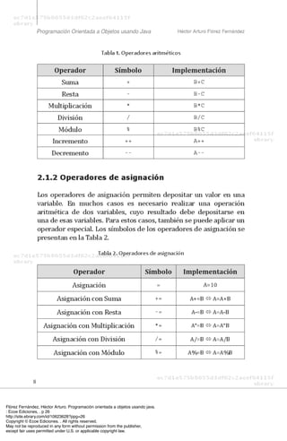 Flórez Fernández, Héctor Arturo. Programación orientada a objetos usando java.
: Ecoe Ediciones, . p 26
http://site.ebrary.com/id/10623628?ppg=26
Copyright © Ecoe Ediciones. . All rights reserved.
May not be reproduced in any form without permission from the publisher,
except fair uses permitted under U.S. or applicable copyright law.
 