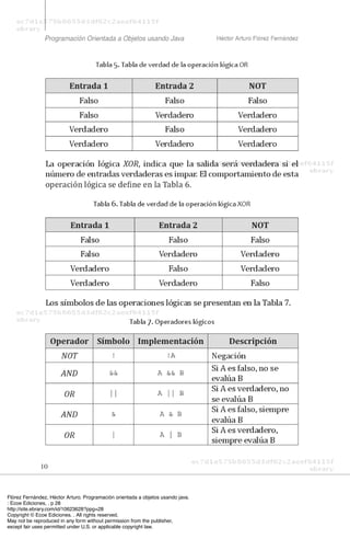 Flórez Fernández, Héctor Arturo. Programación orientada a objetos usando java.
: Ecoe Ediciones, . p 28
http://site.ebrary.com/id/10623628?ppg=28
Copyright © Ecoe Ediciones. . All rights reserved.
May not be reproduced in any form without permission from the publisher,
except fair uses permitted under U.S. or applicable copyright law.
 