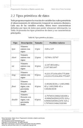 Flórez Fernández, Héctor Arturo. Programación orientada a objetos usando java.
: Ecoe Ediciones, . p 30
http://site.ebrary.com/id/10623628?ppg=30
Copyright © Ecoe Ediciones. . All rights reserved.
May not be reproduced in any form without permission from the publisher,
except fair uses permitted under U.S. or applicable copyright law.
 