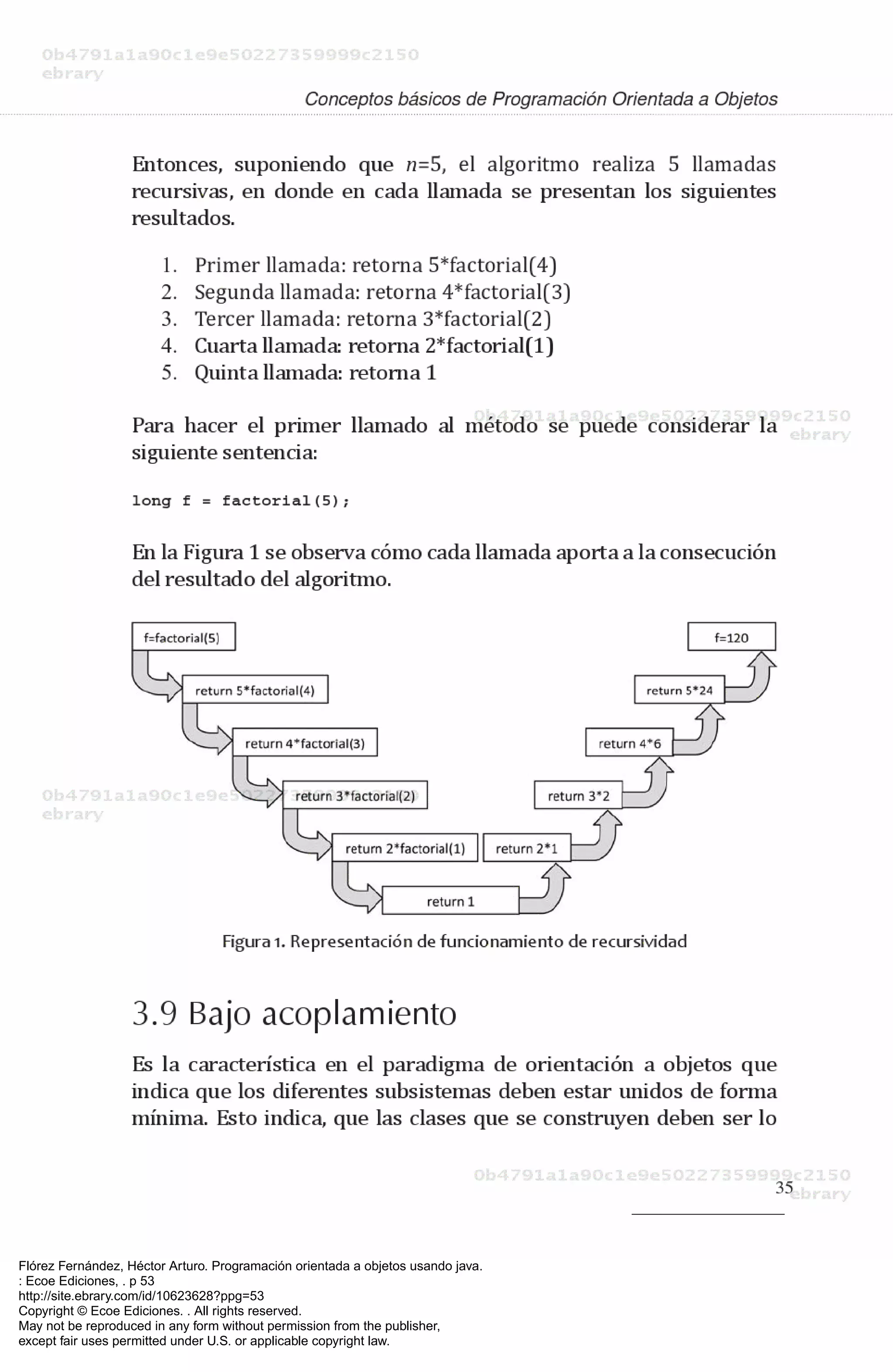 Flórez Fernández, Héctor Arturo. Programación orientada a objetos usando java.
: Ecoe Ediciones, . p 53
http://site.ebrary.com/id/10623628?ppg=53
Copyright © Ecoe Ediciones. . All rights reserved.
May not be reproduced in any form without permission from the publisher,
except fair uses permitted under U.S. or applicable copyright law.
 
