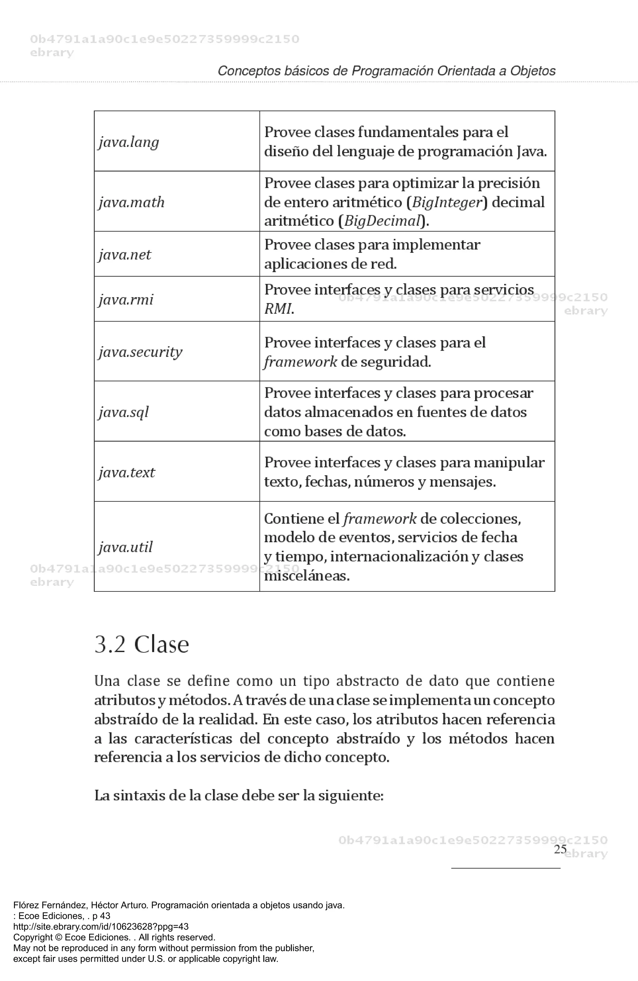 Flórez Fernández, Héctor Arturo. Programación orientada a objetos usando java.
: Ecoe Ediciones, . p 43
http://site.ebrary.com/id/10623628?ppg=43
Copyright © Ecoe Ediciones. . All rights reserved.
May not be reproduced in any form without permission from the publisher,
except fair uses permitted under U.S. or applicable copyright law.
 