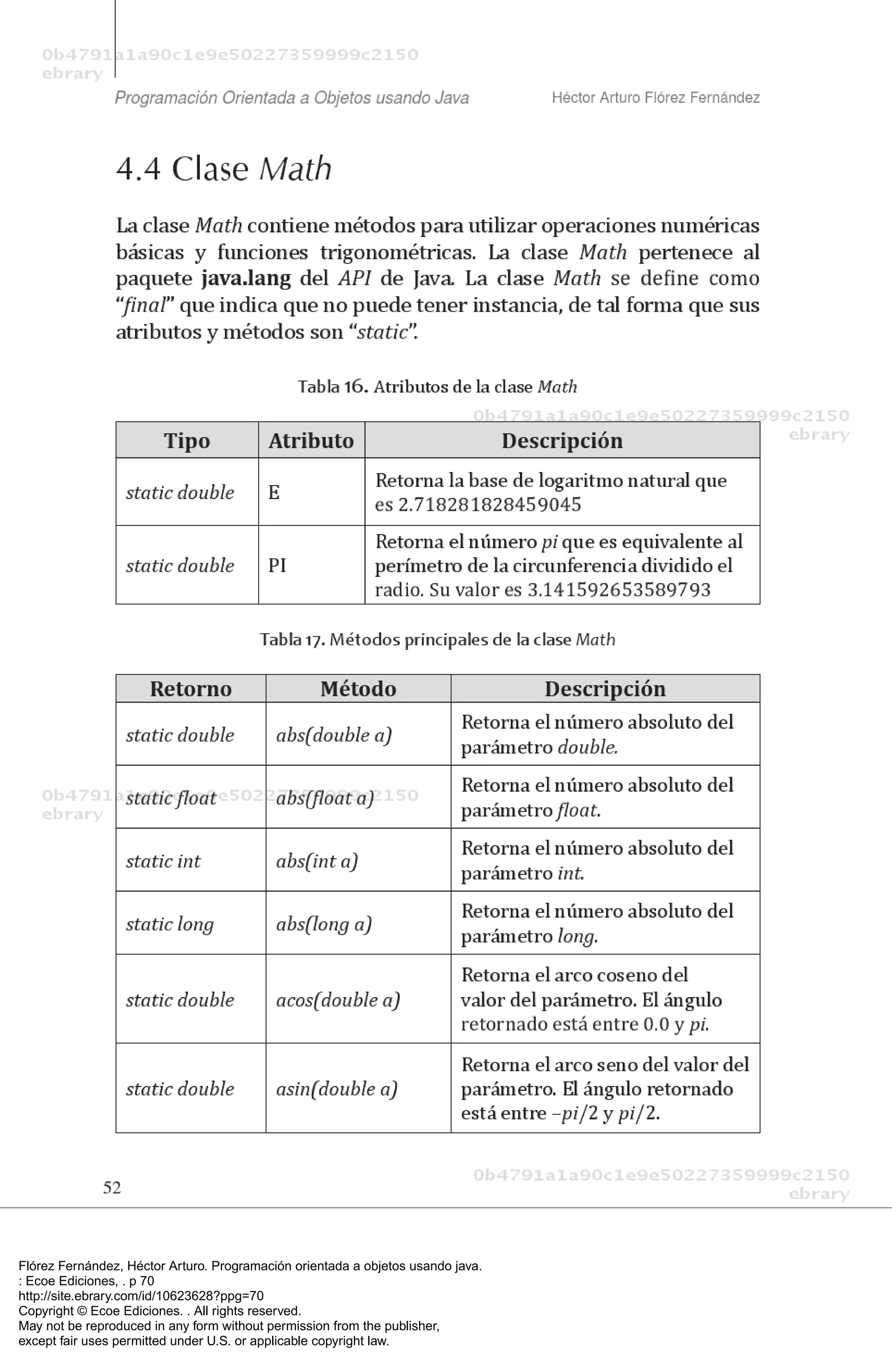Flórez Fernández, Héctor Arturo. Programación orientada a objetos usando java.
: Ecoe Ediciones, . p 70
http://site.ebrary.com/id/10623628?ppg=70
Copyright © Ecoe Ediciones. . All rights reserved.
May not be reproduced in any form without permission from the publisher,
except fair uses permitted under U.S. or applicable copyright law.
 