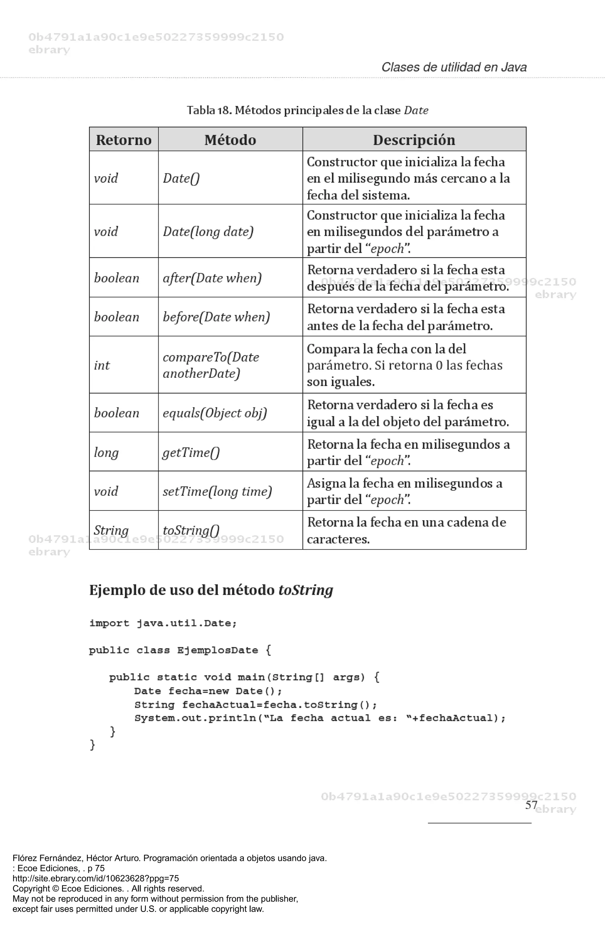 Flórez Fernández, Héctor Arturo. Programación orientada a objetos usando java.
: Ecoe Ediciones, . p 75
http://site.ebrary.com/id/10623628?ppg=75
Copyright © Ecoe Ediciones. . All rights reserved.
May not be reproduced in any form without permission from the publisher,
except fair uses permitted under U.S. or applicable copyright law.
 
