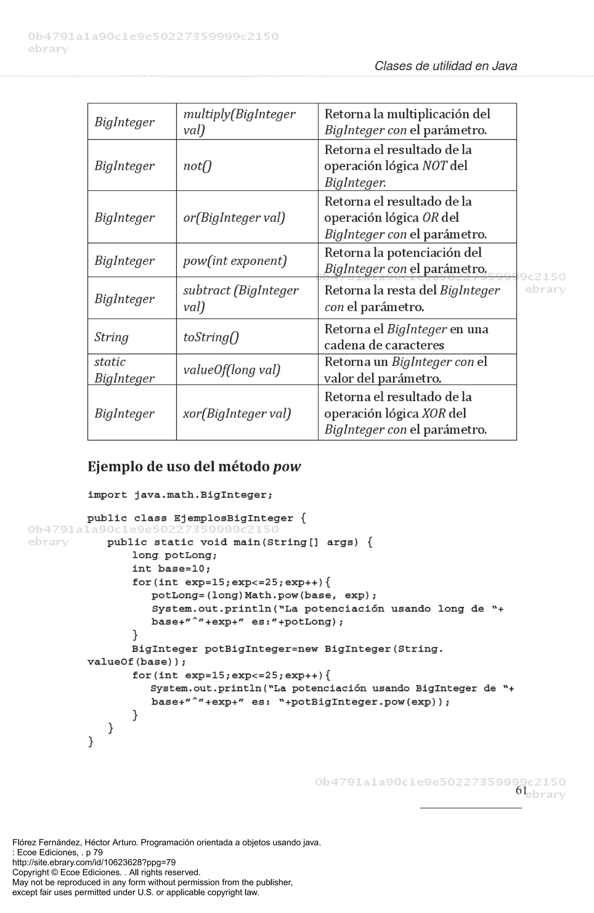 Flórez Fernández, Héctor Arturo. Programación orientada a objetos usando java.
: Ecoe Ediciones, . p 79
http://site.ebrary.com/id/10623628?ppg=79
Copyright © Ecoe Ediciones. . All rights reserved.
May not be reproduced in any form without permission from the publisher,
except fair uses permitted under U.S. or applicable copyright law.
 