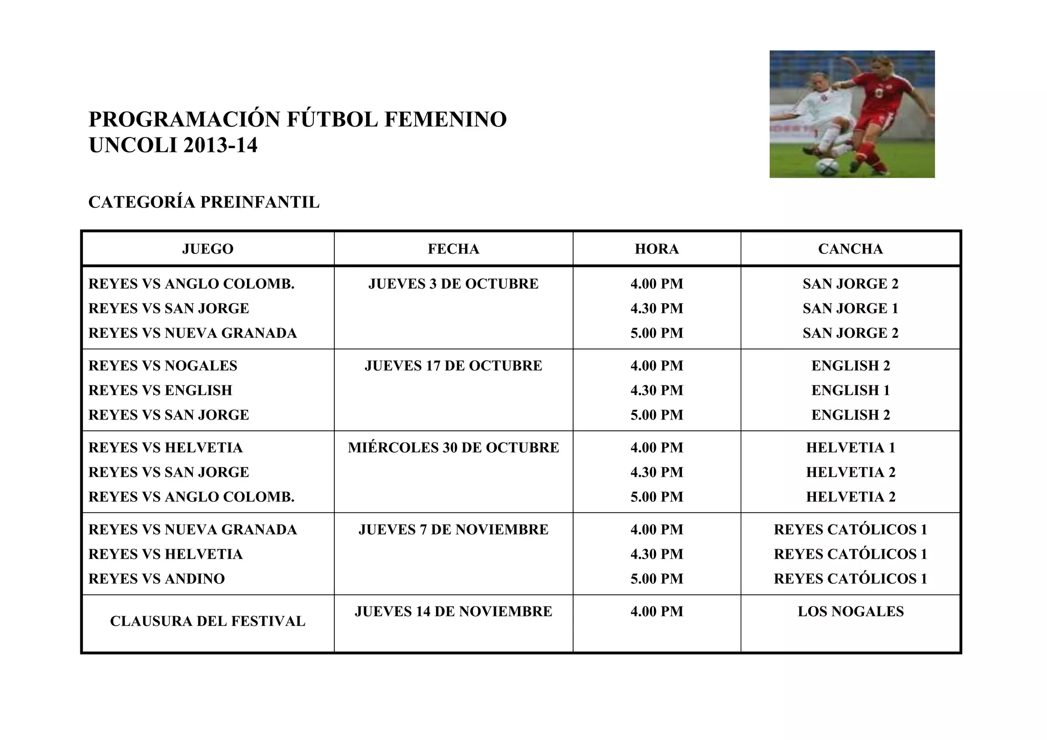 PROGRAMACIÓN FÚTBOL FEMENINO
UNCOLI 2013-14
CATEGORÍA PREINFANTIL
JUEGO FECHA HORA CANCHA
REYES VS ANGLO COLOMB.
REYES VS SAN JORGE
REYES VS NUEVA GRANADA
JUEVES 3 DE OCTUBRE 4.00 PM
4.30 PM
5.00 PM
SAN JORGE 2
SAN JORGE 1
SAN JORGE 2
REYES VS NOGALES
REYES VS ENGLISH
REYES VS SAN JORGE
JUEVES 17 DE OCTUBRE 4.00 PM
4.30 PM
5.00 PM
ENGLISH 2
ENGLISH 1
ENGLISH 2
REYES VS HELVETIA
REYES VS SAN JORGE
REYES VS ANGLO COLOMB.
MIÉRCOLES 30 DE OCTUBRE 4.00 PM
4.30 PM
5.00 PM
HELVETIA 1
HELVETIA 2
HELVETIA 2
REYES VS NUEVA GRANADA
REYES VS HELVETIA
REYES VS ANDINO
JUEVES 7 DE NOVIEMBRE 4.00 PM
4.30 PM
5.00 PM
REYES CATÓLICOS 1
REYES CATÓLICOS 1
REYES CATÓLICOS 1
CLAUSURA DEL FESTIVAL
JUEVES 14 DE NOVIEMBRE 4.00 PM LOS NOGALES