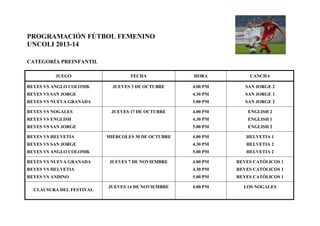 PROGRAMACIÓN FÚTBOL FEMENINO
UNCOLI 2013-14
CATEGORÍA PREINFANTIL
JUEGO FECHA HORA CANCHA
REYES VS ANGLO COLOMB.
REYES VS SAN JORGE
REYES VS NUEVA GRANADA
JUEVES 3 DE OCTUBRE 4.00 PM
4.30 PM
5.00 PM
SAN JORGE 2
SAN JORGE 1
SAN JORGE 2
REYES VS NOGALES
REYES VS ENGLISH
REYES VS SAN JORGE
JUEVES 17 DE OCTUBRE 4.00 PM
4.30 PM
5.00 PM
ENGLISH 2
ENGLISH 1
ENGLISH 2
REYES VS HELVETIA
REYES VS SAN JORGE
REYES VS ANGLO COLOMB.
MIÉRCOLES 30 DE OCTUBRE 4.00 PM
4.30 PM
5.00 PM
HELVETIA 1
HELVETIA 2
HELVETIA 2
REYES VS NUEVA GRANADA
REYES VS HELVETIA
REYES VS ANDINO
JUEVES 7 DE NOVIEMBRE 4.00 PM
4.30 PM
5.00 PM
REYES CATÓLICOS 1
REYES CATÓLICOS 1
REYES CATÓLICOS 1
CLAUSURA DEL FESTIVAL
JUEVES 14 DE NOVIEMBRE 4.00 PM LOS NOGALES
 