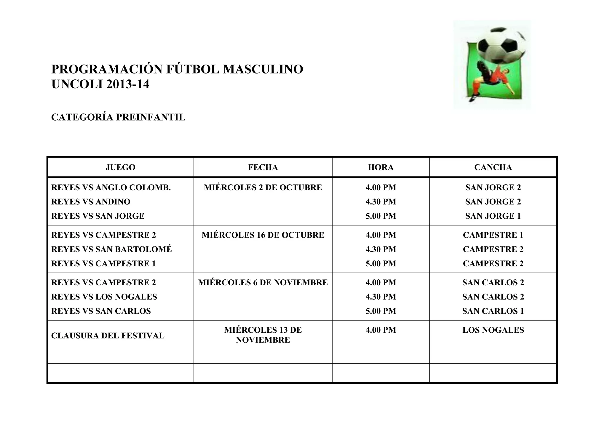 PROGRAMACIÓN FÚTBOL MASCULINO
UNCOLI 2013-14
CATEGORÍA PREINFANTIL
JUEGO FECHA HORA CANCHA
REYES VS ANGLO COLOMB.
REYES VS ANDINO
REYES VS SAN JORGE
MIÉRCOLES 2 DE OCTUBRE 4.00 PM
4.30 PM
5.00 PM
SAN JORGE 2
SAN JORGE 2
SAN JORGE 1
REYES VS CAMPESTRE 2
REYES VS SAN BARTOLOMÉ
REYES VS CAMPESTRE 1
MIÉRCOLES 16 DE OCTUBRE 4.00 PM
4.30 PM
5.00 PM
CAMPESTRE 1
CAMPESTRE 2
CAMPESTRE 2
REYES VS CAMPESTRE 2
REYES VS LOS NOGALES
REYES VS SAN CARLOS
MIÉRCOLES 6 DE NOVIEMBRE 4.00 PM
4.30 PM
5.00 PM
SAN CARLOS 2
SAN CARLOS 2
SAN CARLOS 1
CLAUSURA DEL FESTIVAL
MIÉRCOLES 13 DE
NOVIEMBRE
4.00 PM LOS NOGALES