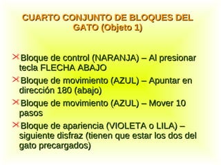 CUARTO CONJUNTO DE BLOQUES DELCUARTO CONJUNTO DE BLOQUES DEL
GATO (Objeto 1)GATO (Objeto 1)
Bloque de control (NARANJA) – Al presionarBloque de control (NARANJA) – Al presionar
tecla FLECHA ABAJOtecla FLECHA ABAJO
Bloque de movimiento (AZUL) – Apuntar enBloque de movimiento (AZUL) – Apuntar en
dirección 180 (abajo)dirección 180 (abajo)
Bloque de movimiento (AZUL) – Mover 10Bloque de movimiento (AZUL) – Mover 10
pasospasos
Bloque de apariencia (VIOLETA o LILA) –Bloque de apariencia (VIOLETA o LILA) –
siguiente disfraz (tienen que estar los dos delsiguiente disfraz (tienen que estar los dos del
gato precargados)gato precargados)
 