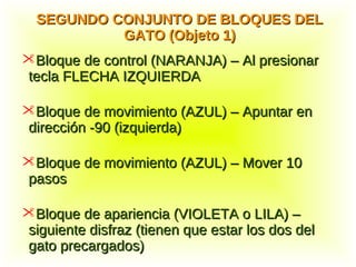 SEGUNDO CONJUNTO DE BLOQUES DELSEGUNDO CONJUNTO DE BLOQUES DEL
GATO (Objeto 1)GATO (Objeto 1)
Bloque de control (NARANJA) – Al presionarBloque de control (NARANJA) – Al presionar
tecla FLECHA IZQUIERDAtecla FLECHA IZQUIERDA
Bloque de movimiento (AZUL) – Apuntar enBloque de movimiento (AZUL) – Apuntar en
dirección -90 (izquierda)dirección -90 (izquierda)
Bloque de movimiento (AZUL) – Mover 10Bloque de movimiento (AZUL) – Mover 10
pasospasos
Bloque de apariencia (VIOLETA o LILA) –Bloque de apariencia (VIOLETA o LILA) –
siguiente disfraz (tienen que estar los dos delsiguiente disfraz (tienen que estar los dos del
gato precargados)gato precargados)
 