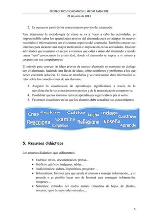 PROTEGEMOS Y CUIDAMOS EL MEDIO AMBIENTE 
21 de junio de 2013 
5 
2. Es necesario partir de los conocimientos previos del alumnado. 
Para determinar la metodología de cómo se va a llevar a cabo las actividades, es 
imprescindible saber los aprendizajes previos del alumnado para así adaptar los nuevos 
materiales e informaciones con el sistema cognitiva del alumnado. También conocer sus 
intereses para alcanzar una mayor motivación e implicación en las actividades. Realizar 
actividades que requieran el acceso a recursos que estén a mano del alumnado, creando 
tareas “reto” potenciando la creatividad, donde el alumnado se supere a sí mismo y 
coopere con sus compañeros/as. 
El método para conocer las ideas previas de nuestro alumnado es mantener un diálogo 
con el alumnado, haciendo una lluvia de ideas, sobre cuestiones y problemas a los que 
deben encontrar solución. El modo de abordarlas y su consecución dará información al 
tutor sobre los conocimientos de sus alumnos.. 
3. Asegurar la construcción de aprendizajes significativos a través de la 
movilización de sus conocimientos previos y de la memorización comprensiva. 
4. Posibilitar que los alumnos realicen aprendizajes significativos por sí solos. 
5. Favorecer situaciones en las que los alumnos debe actualizar sus conocimientos. 
5. Recursos didácticos 
Los recursos didácticos que utilizaremos: 
· Escritos: textos, documentación, prensa... 
· Gráficos: gráficos, imágenes, tablas... 
· Audiovisuales: videos, diapositivas, proyector… 
· Informáticos: Internet para que ayude al alumno a manejar información,...y si 
procede o es posible hacer uso de Internet para conseguir información, 
imágenes.... 
· Naturales: extraídos del medio natural (muestras de hojas, de plantas, 
insectos, tipos de materiales naturales,... 
 