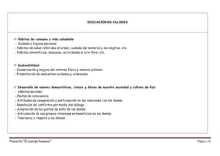 Proyecto “El cuerpo humano” Página 10
EDUCACIÓN EN VALORES
 Hábitos de consumo y vida saludable:
- Cuidado e higiene personal.
- Hábitos de salud referidos al orden, cuidado del material y los objetos, etc.
- Hábitos alimenticios, descanso, actividades al aire libre, etc.
 Sostenibilidad:
- Conservación y mejora del entorno físico y natural próximo.
- Presentación de ambientes cuidados y ordenados.
 Desarrollo de valores democráticos, cívicos y éticos de nuestra sociedad y cultura de Paz:
- Hábitos sociales.
- Pautas de convivencia.
- Actitudes de cooperación y participación en las relaciones con los demás.
- Resolución de conflictos por medio del diálogo.
- Aceptación de los puntos de vista de los demás.
- Articulación de sus propios intereses en beneficios de los demás.
- Tolerancia y respeto a los demás.
 