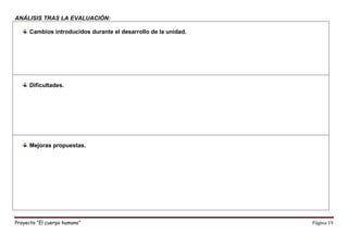 Proyecto “El cuerpo humano” Página 19
ANÁLISIS TRAS LA EVALUACIÓN:
Cambios introducidos durante el desarrollo de la unidad.
Dificultades.
Mejoras propuestas.
 