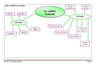 Proyecto “El cuerpo humano” Página 6
MAPA CONCEPTUAL GLOBAL:
EL CUERPO
HUMANO
SENTIDOS
GUSTO
SISTEMAS
TACTO OLFATO
OÍDO
VISTA
Sistema respiratorio
Sistema circulatorio
Sistema digestivo
Sistema
oseo
Sistema
muscular
Sistema
excretor
Sistema
reproductor
 