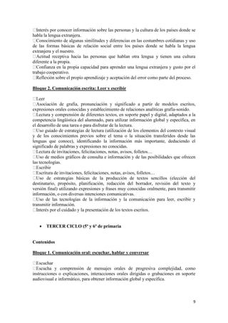 habla la lengua extranjera.
de las formas básicas de relación social entre los países donde se habla la lengua
extranjera y el nuestro.
Actitud receptiva hacia las personas que hablan otra lengua y tienen una cultura
diferente a la propia.
trabajo cooperativo.

Bloque 2. Comunicación escrita: Leer y escribir

expresiones orales conocidas y establecimiento de relaciones analíticas grafía-sonido.
rte papel y digital, adaptados a la
competencia lingüística del alumnado, para utilizar información global y específica, en
el desarrollo de una tarea o para disfrutar de la lectura.
ontexto visual
y de los conocimientos previos sobre el tema o la situación transferidos desde las
lenguas que conoce), identificando la información más importante, deduciendo el
significado de palabras y expresiones no conocidas.
felicitaciones, notas, avisos, folletos…
las tecnologías.

producción de textos sencillos (elección del
destinatario, propósito, planificación, redacción del borrador, revisión del texto y
versión final) utilizando expresiones y frases muy conocidas oralmente, para transmitir
información, o con diversas intenciones comunicativas.
transmitir información.



TERCER CICLO (5º y 6º de primaria

Contenidos
Bloque 1. Comunicación oral: escuchar, hablar y conversar

instrucciones o explicaciones, interacciones orales dirigidas o grabaciones en soporte
audiovisual e informático, para obtener información global y específica.

9

 