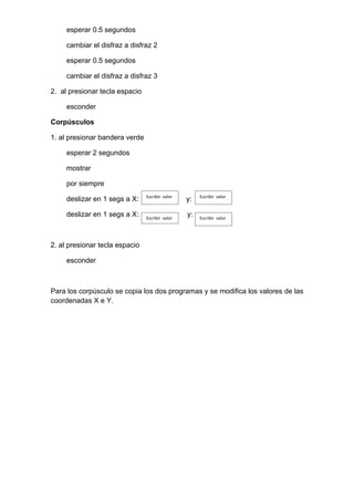 esperar 0.5 segundos
cambiar el disfraz a disfraz 2
esperar 0.5 segundos
cambiar el disfraz a disfraz 3
2. al presionar tecla espacio
esconder
Corpúsculos
1. al presionar bandera verde
esperar 2 segundos
mostrar
por siempre
Escribir valor Escribir valor
deslizar en 1 segs a X: y:
deslizar en 1 segs a X: Escribir valor
y: Escribir valor
2. al presionar tecla espacio
esconder
Para los corpúsculo se copia los dos programas y se modifica los valores de las
coordenadas X e Y.