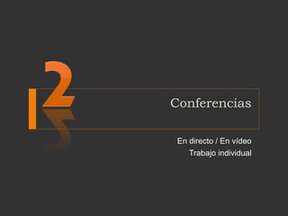 Conferencias
En directo / En vídeo
Trabajo individual
 