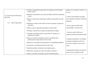35
1.2.1 Factores que condicionam a
agricultura
1.2.2. Tipos de agricultura
 Explicar a importância da agricultura na satisfação das necessidades
básicas do país.
 Relacionar a agricultura com outras actividades económicas praticadas
no país.
 Indicar os factores que condicionam a prática da agricultura em Cabo
Verde.
 Identificar as ilhas de Cabo Verde com maior expressão na prática da
agricultura.
 Indica os tipos de agricultura praticados em Cabo Verde.
 Distingue a agricultura do sequeiro da agricultura do regadio.
 Compara a tecnologia agrícola na agricultura do sequeiro e na
agricultura do regadio.
 Indica as inovações tecnológicas que têm contribuído para o
melhoramento da agricultura em Cabo Verde
 Relaciona as más práticas da agricultura com a degradação ambiental.
 Caracteriza a actividade pecuária em Cabo Verde.
 Identifica produtos resultantes da actividade pecuária.
 Relaciona a pecuária com outras actividades económicas.
 Indica as inovações tecnológicas que têm contribuído para o
ligações com a indústria, comércio e os
serviços.
• Visitas a locais ligados ao passado
local, regional ou nacional e recolha de
elementos.
• Visita e registo de dados sobre
colectividades e serviços locais.
- Visitas de estudo a fábricas ou
campos de cultura lojas supermercados
• Listagem de profissões e actividades
e pesquisas elementares sobre elas,
bem como a relação de umas com as
outras.
• Organização de álbuns com gravuras
sobre as diversas regiões de cabo
 