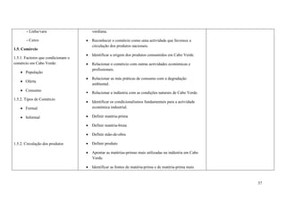 37
- Linha/vara
- Cerco
1.5. Comércio
1.5.1. Factores que condicionam o
comércio em Cabo Verde:
 População
 Oferta
 Consumo
1.5.2. Tipos de Comércio
 Formal
 Informal
1.5.2. Circulação dos produtos
verdiana.
 Reconhecer o comércio como uma actividade que favorece a
circulação dos produtos nacionais.
 Identificar a origem dos produtos consumidos em Cabo Verde.
 Relacionar o comércio com outras actividades económicas e
profissionais.
 Relacionar as más práticas de consumo com a degradação
ambiental.
 Relacionar a indústria com as condições naturais de Cabo Verde.
 Identificar os condicionalismos fundamentais para a actividade
económica industrial.
 Definir matéria-prima
 Definir matéria-bruta
 Definir mão-de-obra
 Definir produto
 Apontar as matérias-primas mais utilizadas na indústria em Cabo
Verde.
 Identificar as fontes de matéria-prima e de matéria-prima mais
 