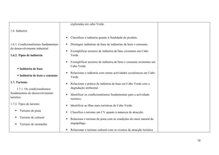 38
1.6. Indústria
1.6.1. Condicionalismos fundamentais
do desenvolvimento industrial
1.6.2. Tipos de indústria
 Indústria de base
 Indústria de bens e consumo
1.7. Turismo
1.7.1. Os condicionalismos
fundamentais do desenvolvimento
turístico.
1.7.2. Tipos de turismo
 Turismo de praia
 Turismo de cultural
 Turismo de montanha
exploradas em cabo Verde.
 Classificar a indústria quanto à finalidade do produto.
 Distinguir indústrias de base de indústrias de bens e consumo.
 Exemplificar sectores de indústria de base existentes em Cabo
Verde.
 Exemplificar sectores de indústria de bens e consumo existentes em
Cabo Verde.
 Relacionar a indústria com outras actividades económicas em Cabo
Verde.
 Relacionar a prática da indústria de base em Cabo Verde com a
degradação ambiental.
 Identificar os condicionalismos fundamentais para a actividade
turística.
 Identificar as ilhas mais turísticas de Cabo Verde.
 Classifica o turismo em CV quanto à natureza de atracção.
 Relaciona o turismo de praia com as condições do meio natural do
arquipélago.
 Relacionar o turismo cultural com os eventos de atracção turística
 