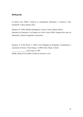 52
Bibliografia
Le Boterf, Guy (2005). Construir as competências individuais e Colectivas. Trad.
Garrido,Mº. Lisboa: Edições ASA;
Marques, R. (1999). Modelos Pedagógicos Actuais. Lisboa: Plátano Editora.
Ministério da Educação e do Desporto de Cabo Verde (1990). Programa das áreas de
Matemática, Ciências Integradas e Expressões.
Roegiers, X. & De Ketele, J. (2001). Uma Pedagogia da Integração: Competências e
Aquisições no Ensino. Trad. Huang, C. (2004). Porto Alegre: Artmed
_________________ (s/d). O que é a APC
Roldão, Maria do Céu (2003). Gestão do currículo e Aval
 