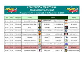 COMPETICIÓN TERRITORIAL 
COMUNIDAD VALENCIANA 
Programación Fin de Semana 29-30 de Noviembre de 2014 
PARTIDO 
DÍA HORA CA...
