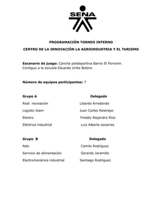 PROGRAMACIÓN TORNEO INTERNO

CENTRO DE LA INNOVACIÓN LA AGROINDUSTRIA Y EL TURISMO



Escenario de juego: Cancha polideportiva Barrio El Porvenir.
Contiguo a la escuela Eduardo Uribe Botero



Número de equipos participantes: 7



Grupo A                                 Delegado

Real recreación                   Libardo Arredondo

Logistic team                     Juan Carlos Restrepo

Electro                           Freddy Alejandro Ríos

Eléctrica industrial               Luis Alberto socarras



Grupo B                                 Delegado

Adsi                               Camilo Rodríguez

Servicio de alimentación           Gerardo Jaramillo

Electromecánica industrial        Santiago Rodríguez
 