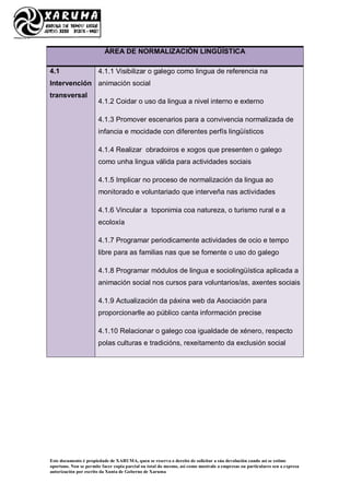 Este documento é propiedade de XARUMA, quen se reserva o dereito de solicitar a súa devolución cando así se estime
oportuno. Non se permite facer copia parcial ou total do mesmo, así como mostralo a empresas ou particulares sen a expresa
autorización por escrito da Xunta de Goberno de Xaruma
ÁREA DE NORMALIZACIÓN LINGÜÍSTICA
4.1
Intervención
transversal
4.1.1 Visibilizar o galego como lingua de referencia na
animación social
4.1.2 Coidar o uso da lingua a nivel interno e externo
4.1.3 Promover escenarios para a convivencia normalizada de
infancia e mocidade con diferentes perfís lingüísticos
4.1.4 Realizar obradoiros e xogos que presenten o galego
como unha lingua válida para actividades sociais
4.1.5 Implicar no proceso de normalización da lingua ao
monitorado e voluntariado que interveña nas actividades
4.1.6 Vincular a toponimia coa natureza, o turismo rural e a
ecoloxía
4.1.7 Programar periodicamente actividades de ocio e tempo
libre para as familias nas que se fomente o uso do galego
4.1.8 Programar módulos de lingua e sociolingüística aplicada a
animación social nos cursos para voluntarios/as, axentes sociais
4.1.9 Actualización da páxina web da Asociación para
proporcionarlle ao público canta información precise
4.1.10 Relacionar o galego coa igualdade de xénero, respecto
polas culturas e tradicións, rexeitamento da exclusión social
 