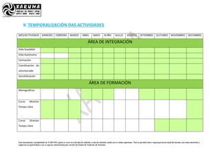Este documento é propiedade de XARUMA, quen se reserva o dereito de solicitar a súa devolución cando así se estime oportuno. Non se permite facer copia parcial ou total do mesmo, así como mostralo a
empresas ou particulares sen a expresa autorización por escrito da Xunta de Goberno de Xaruma
9. TEMPORALIZACIÓN DAS ACTIVIDADES
MES/ACTIVIDADE XANEIRO FEBREIRO MARZO ABRIL MAIO XUÑO XULLO AGOSTO SETEMBRO OUTUBRO NOVEMBRO DECEMBRO
ÁREA DE INTEGRACIÓN
Vida Saudable
Vida Autónoma
Formación
Coordinación do
voluntariado
Sensibilización
ÁREA DE FORMACIÓN
Monográficos
Curso Monitor
Tempo Libre
Curso Director
Tempo Libre
 